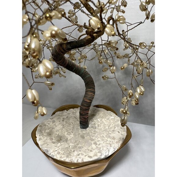 Ming Tree Wire Sculpture Bonsai Style Faux Pearl Bead Blossom Brass Pot 10" - Picture 3 of 6
